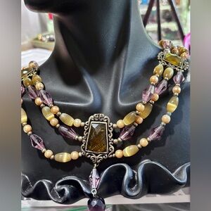 Vintage Gold and ambers tone Multi-Strand Necklace with Central Pendant
